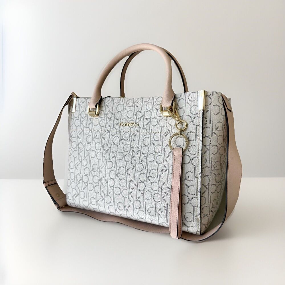 New Classical Calvin Klein Women's Medium Handbag Satchel Monogram Beige Cream
